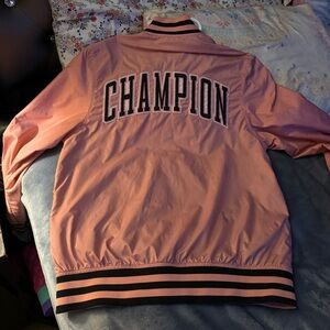 Champion Pink Satin Varsity Jacket with Black & White Trim